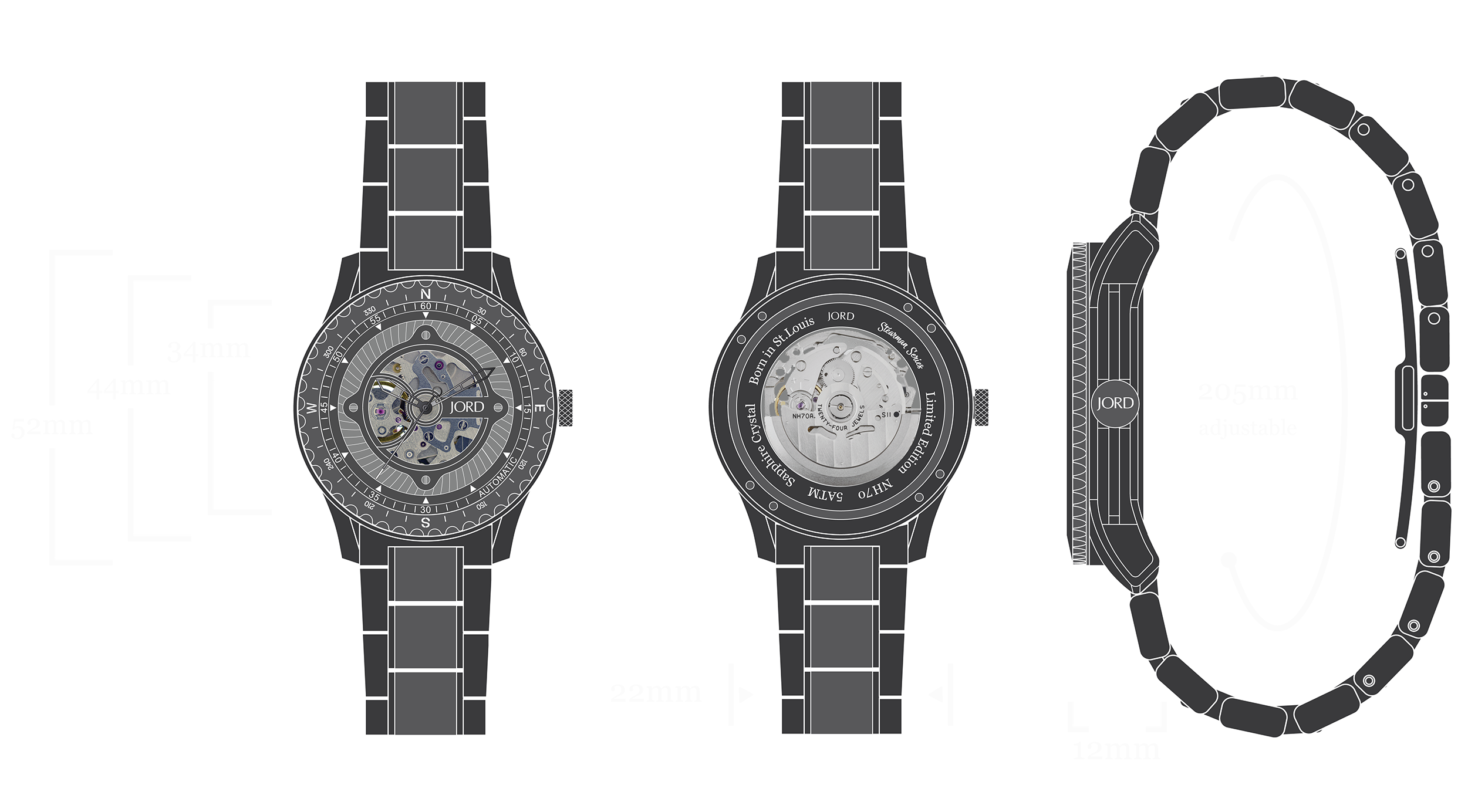 Stearman - Dark Sandalwood & Stainless Watch Diagram